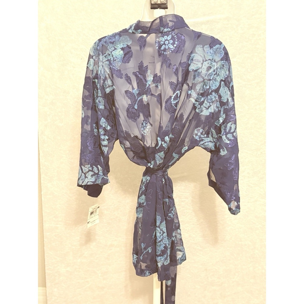 California Dynasty Sheer Floral Kimono Beach Cover Up Blue Burnout Mesh  M - Picture 5 of 8